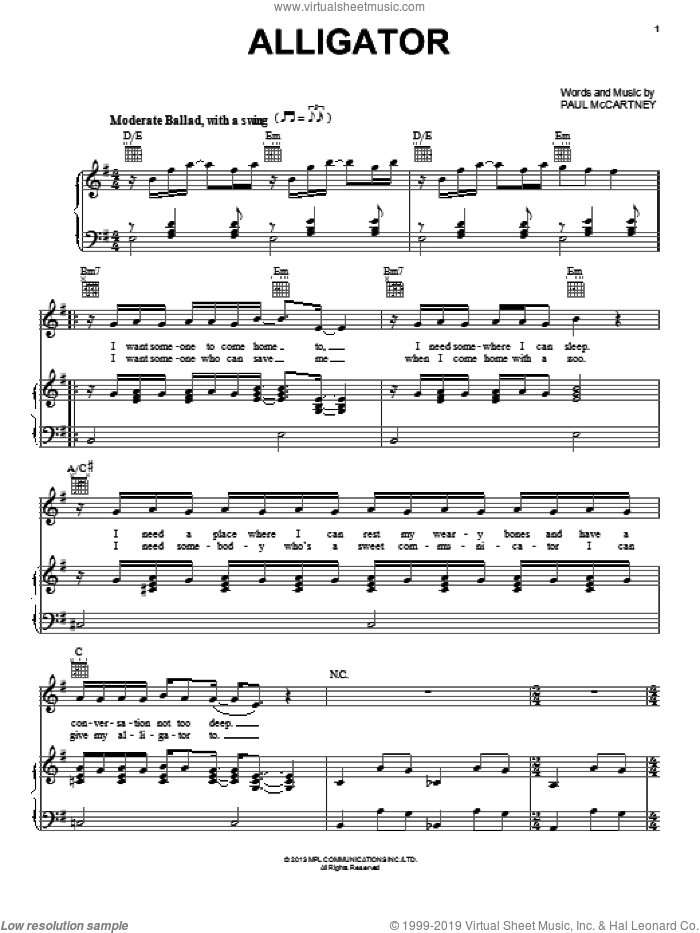 Alligator sheet music for voice, piano or guitar by Paul McCartney, intermediate skill level