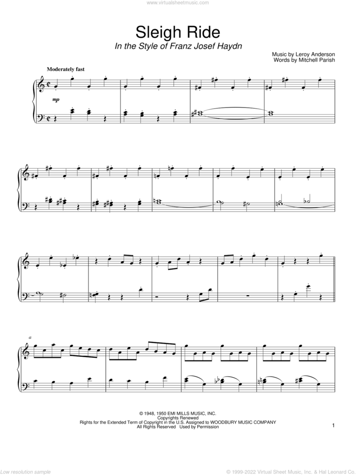 Sleigh Ride (in the style of Franz Josef Haydn) (arr. David Pearl) sheet music for piano solo by Leroy Anderson, David Pearl and Mitchell Parish, classical score, intermediate skill level