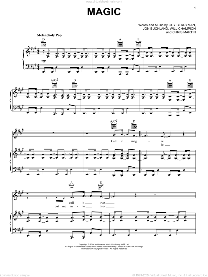 Magic sheet music for voice, piano or guitar by Coldplay, Chris Martin, Guy Berryman, Jon Buckland and Will Champion, intermediate skill level