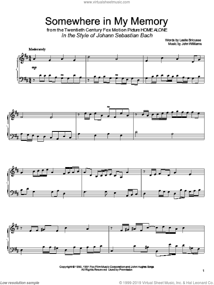 Somewhere In My Memory (from Home Alone) (in the style of J.S. Bach) (arr. David Pearl) sheet music for piano solo by Bette Midler, David Pearl, John Williams and Leslie Bricusse, intermediate skill level