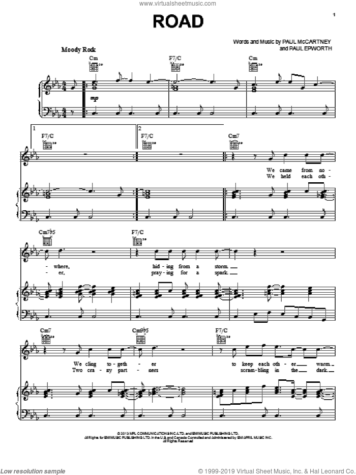 Road sheet music for voice, piano or guitar by Paul McCartney and Paul Epworth, intermediate skill level