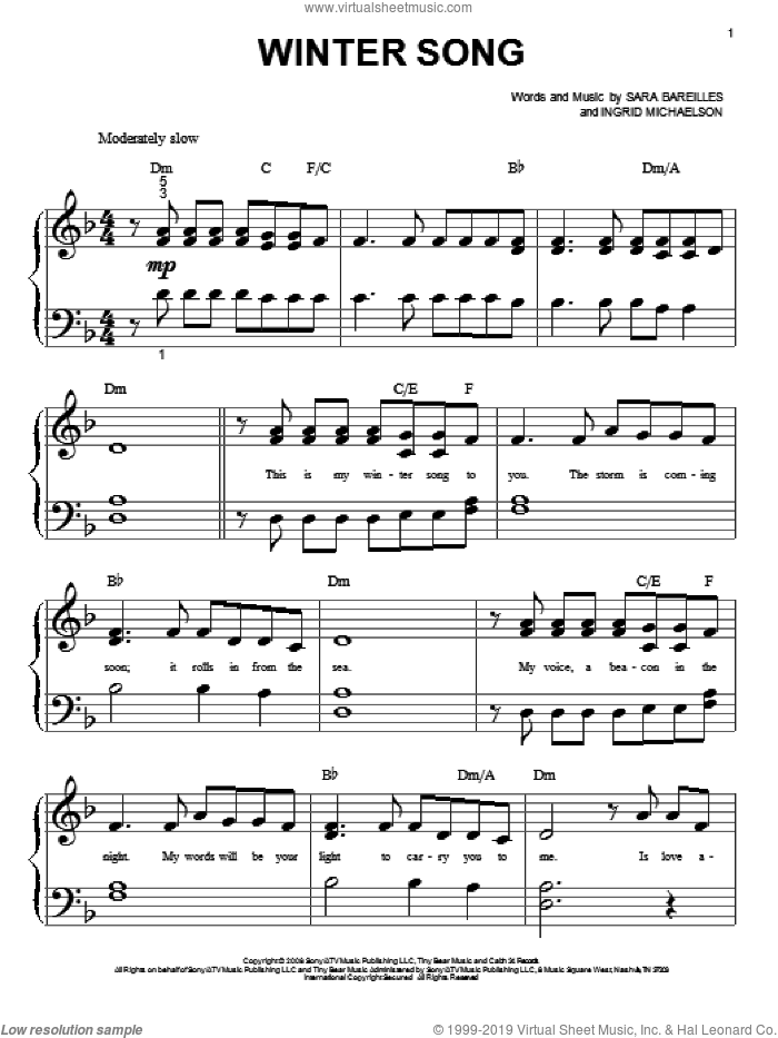Winter Song sheet music for piano solo (big note book) by Sara Bareilles and Ingrid Michaelson, easy piano (big note book)