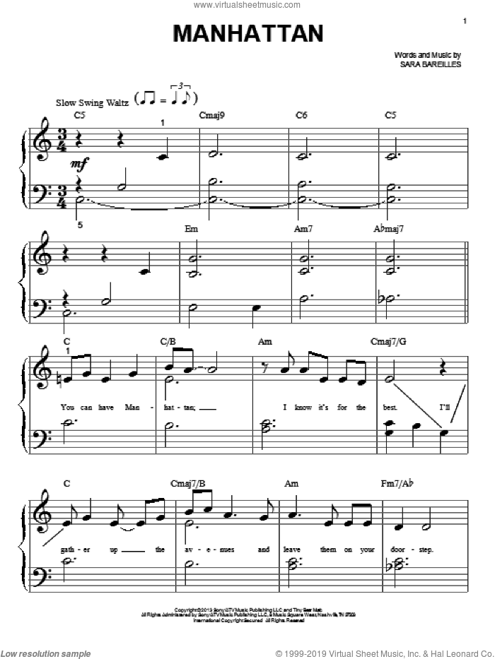 Manhattan sheet music for piano solo (big note book) by Sara Bareilles, easy piano (big note book)