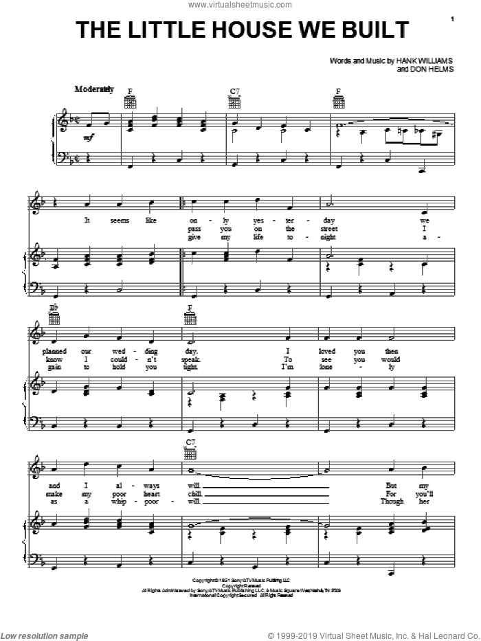 The Little House We Built sheet music for voice, piano or guitar by Hank Williams and Don Helms, intermediate skill level