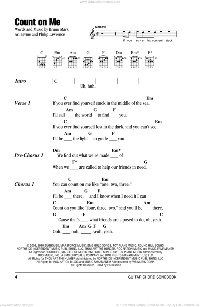 Count On Me sheet music for guitar (chords) by Bruno Mars, Ari Levine and Philip Lawrence, intermediate skill level