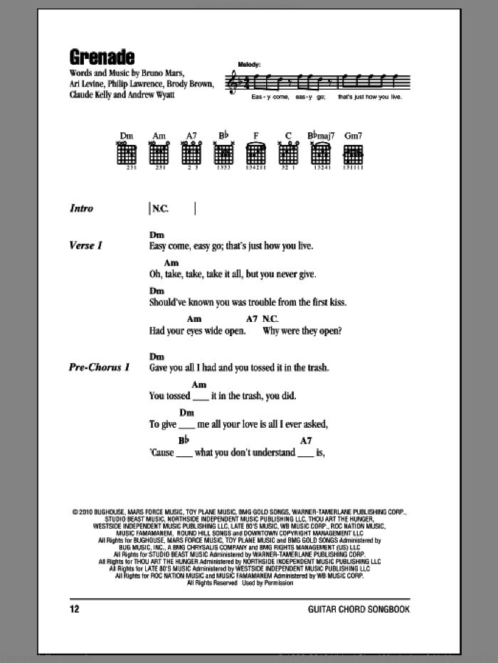 Grenade sheet music for guitar (chords) by Bruno Mars, Andrew Wyatt, Ari Levine, Brody Brown, Claude Kelly and Philip Lawrence, intermediate skill level