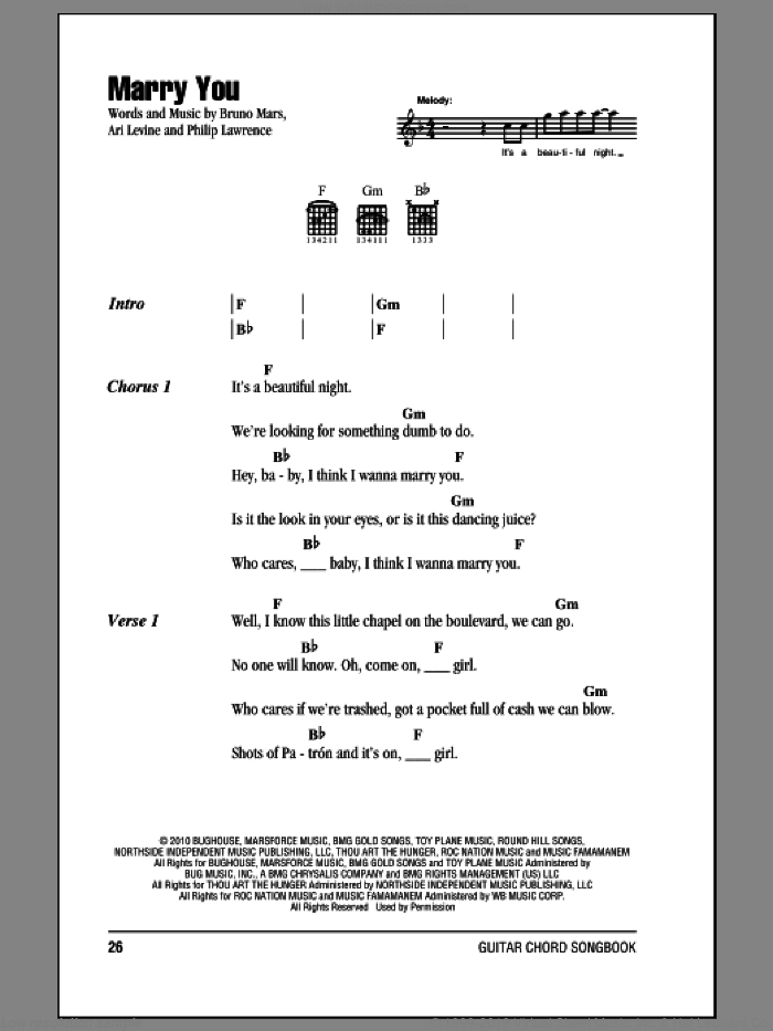 Marry You sheet music for guitar (chords) by Bruno Mars, Ari Levine and Philip Lawrence, wedding score, intermediate skill level