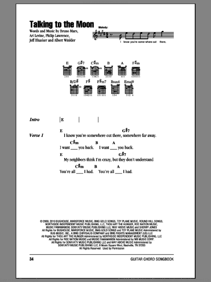 Talking To The Moon sheet music for guitar (chords) by Bruno Mars, Albert Winkler, Ari Levine, Jeff Bhasker and Philip Lawrence, intermediate skill level