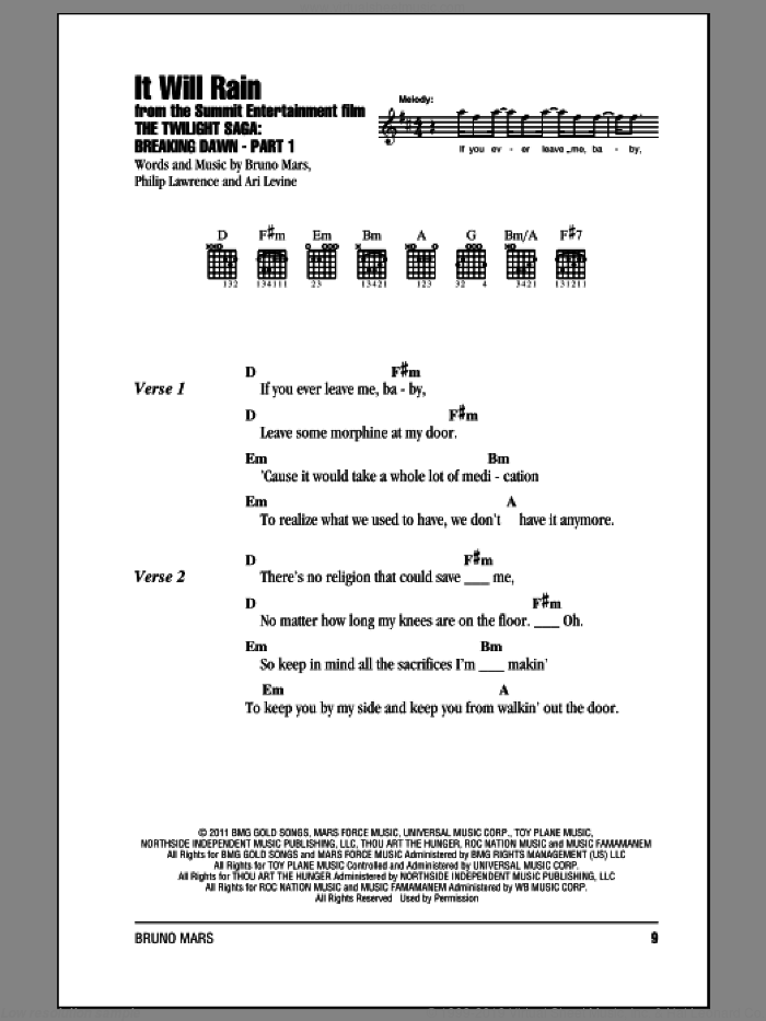 It Will Rain sheet music for guitar (chords) by Bruno Mars, Ari Levine and Philip Lawrence, intermediate skill level