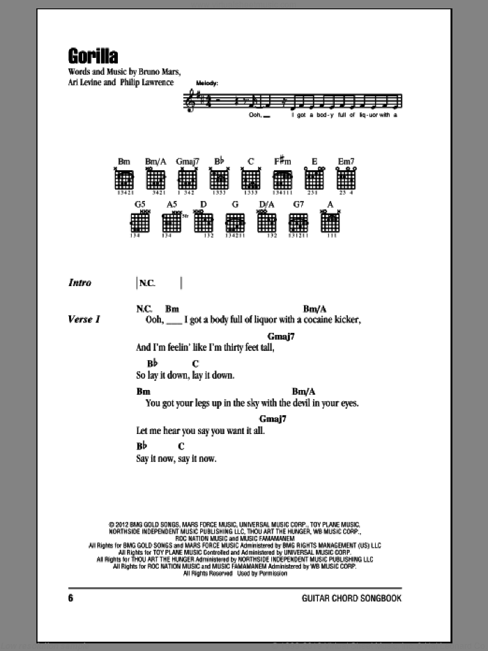 Gorilla sheet music for guitar (chords) by Bruno Mars, Ari Levine and Philip Lawrence, intermediate skill level