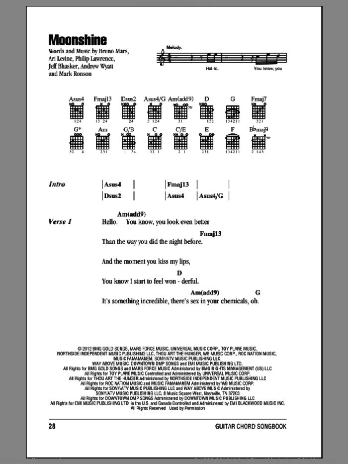 Moonshine sheet music for guitar (chords) by Bruno Mars, Andrew Wyatt, Ari Levine, Jeff Bhasker, Mark Ronson and Philip Lawrence, intermediate skill level