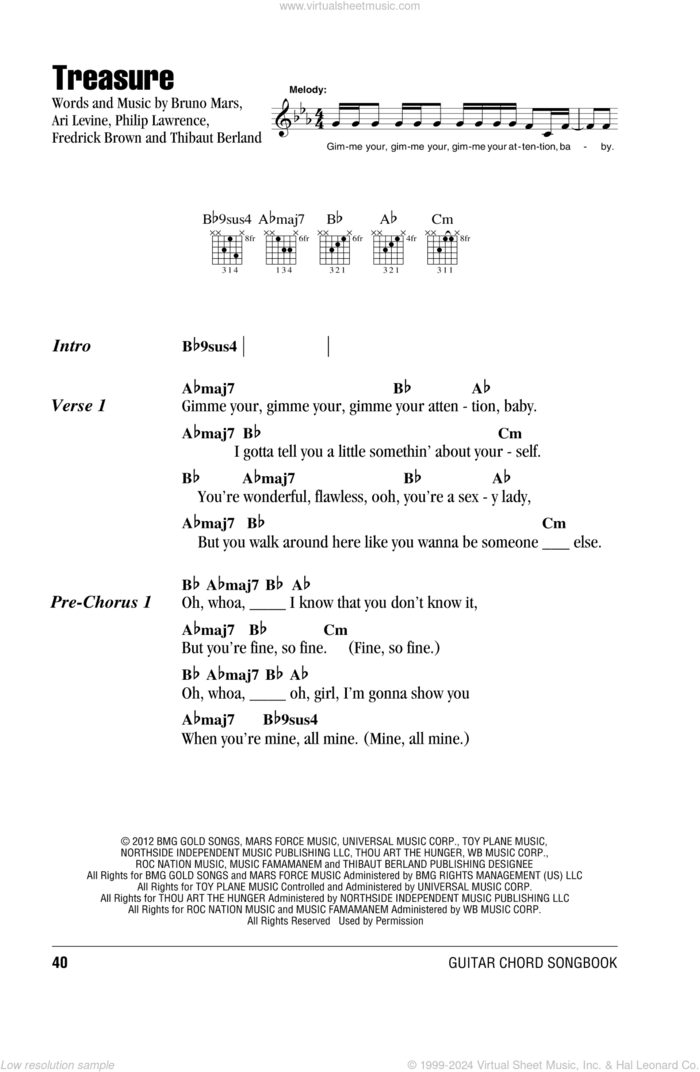 Treasure sheet music for guitar (chords) by Bruno Mars, Ari Levine, Fredrick Brown, Philip Lawrence and Thibaut Berland, intermediate skill level