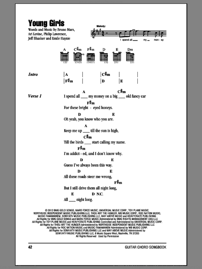 Young Girls sheet music for guitar (chords) by Bruno Mars, Ari Levine, Emile Haynie, Jeff Bhasker and Philip Lawrence, intermediate skill level