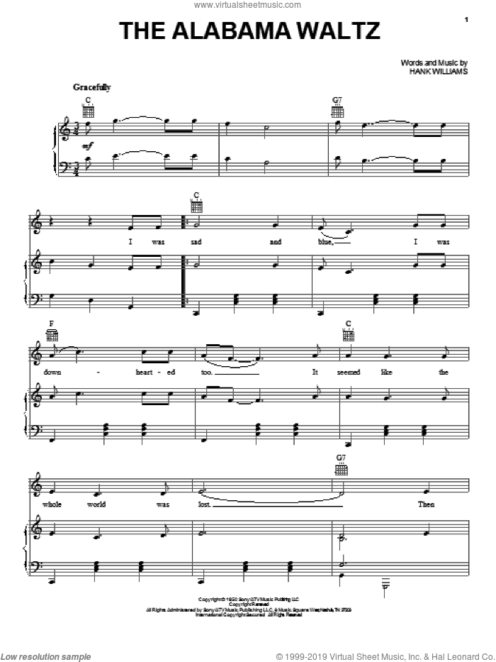 The Alabama Waltz sheet music for voice, piano or guitar by Hank Williams, intermediate skill level