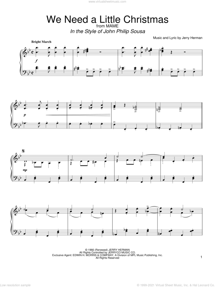 We Need A Little Christmas (in the style of John Philip Sousa) (arr. David Pearl) sheet music for piano solo by Angela Lansbury, David Pearl, Mame (Musical) and Jerry Herman, classical score, intermediate skill level