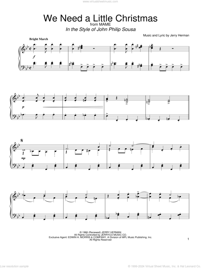 We Need A Little Christmas (in the style of John Philip Sousa) (arr. David Pearl) sheet music for piano solo by Angela Lansbury, David Pearl, Mame (Musical) and Jerry Herman, classical score, intermediate skill level