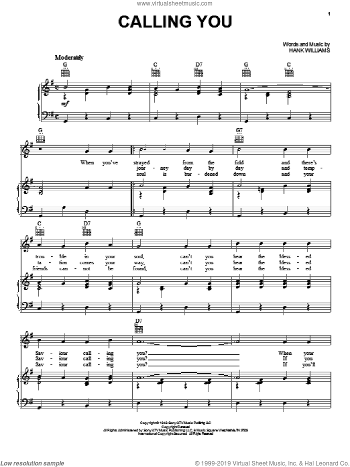 Calling You sheet music for voice, piano or guitar by Hank Williams, intermediate skill level