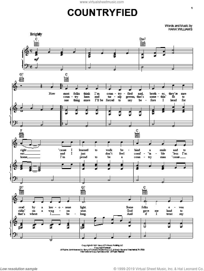 Countryfied sheet music for voice, piano or guitar by Hank Williams, intermediate skill level