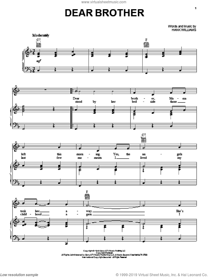 Dear Brother sheet music for voice, piano or guitar by Hank Williams, intermediate skill level