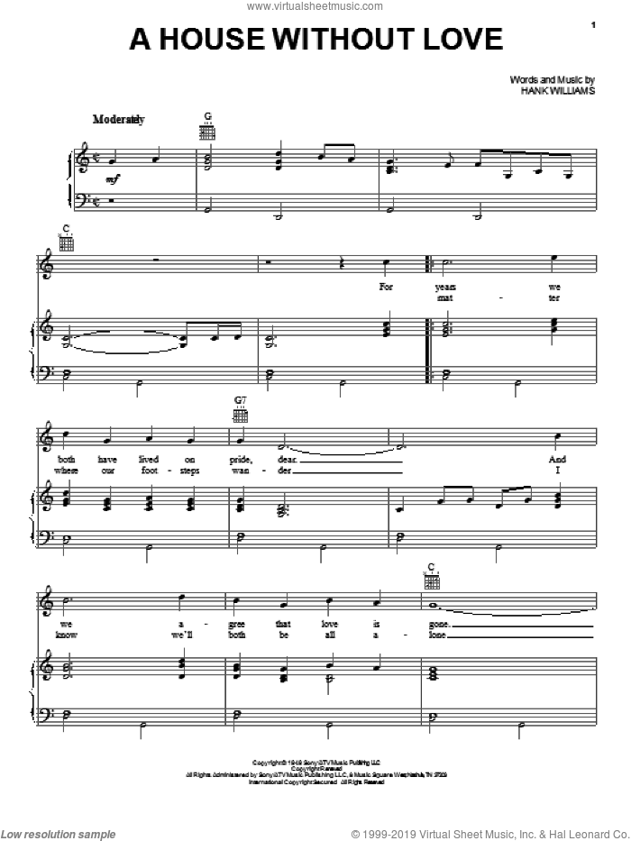 A House Without Love sheet music for voice, piano or guitar by Hank Williams, intermediate skill level