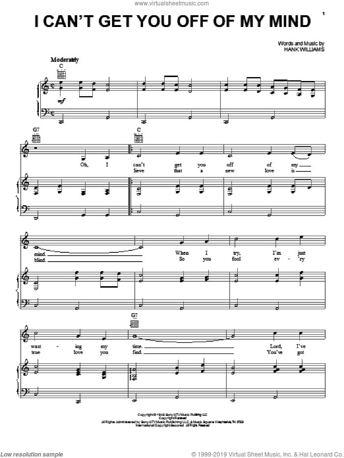 I Can't Get You Off Of My Mind sheet music for voice, piano or guitar by Hank Williams, intermediate skill level
