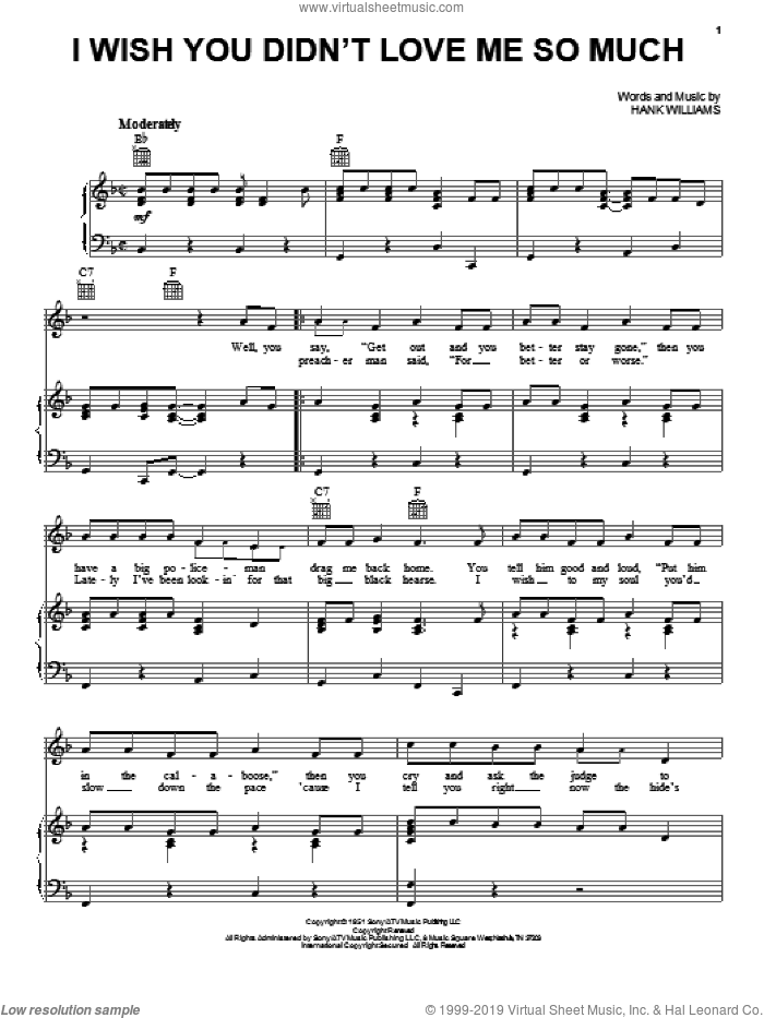 I Wish You Didn't Love Me So Much sheet music for voice, piano or guitar by Hank Williams, intermediate skill level