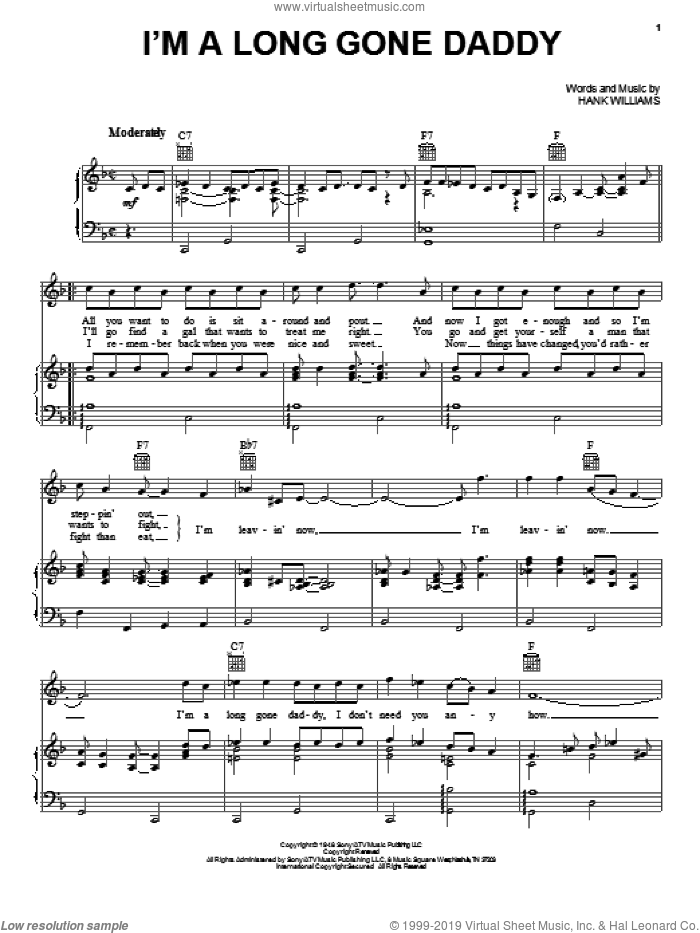 I'm A Long Gone Daddy sheet music for voice, piano or guitar by Hank Williams, intermediate skill level
