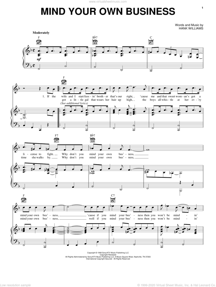 Mind Your Own Business sheet music for voice, piano or guitar by Hank Williams and Hank Williams, Jr., intermediate skill level