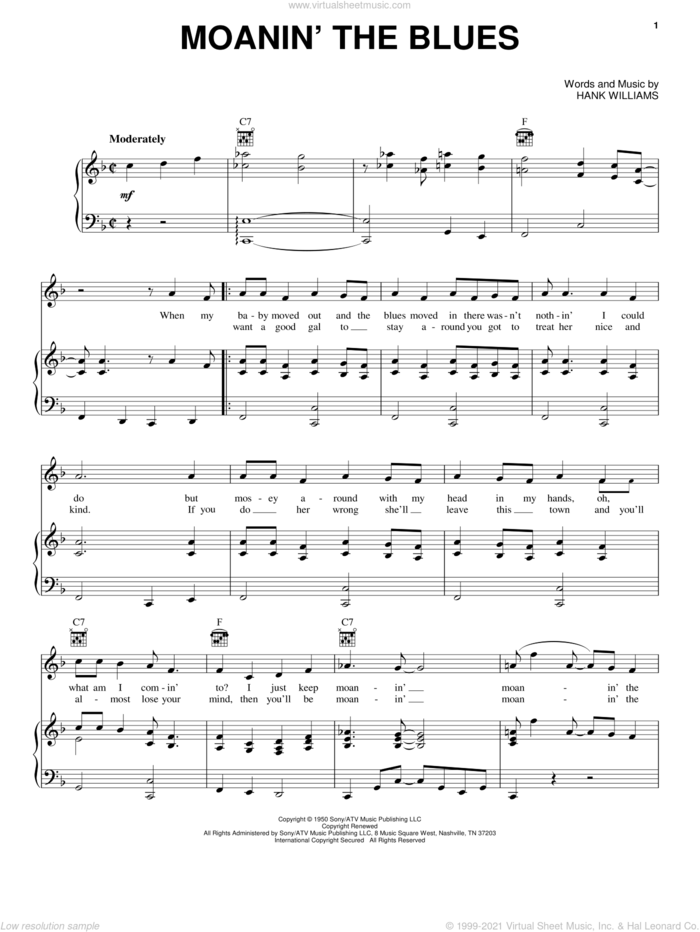 Moanin' The Blues sheet music for voice, piano or guitar by Hank Williams, intermediate skill level
