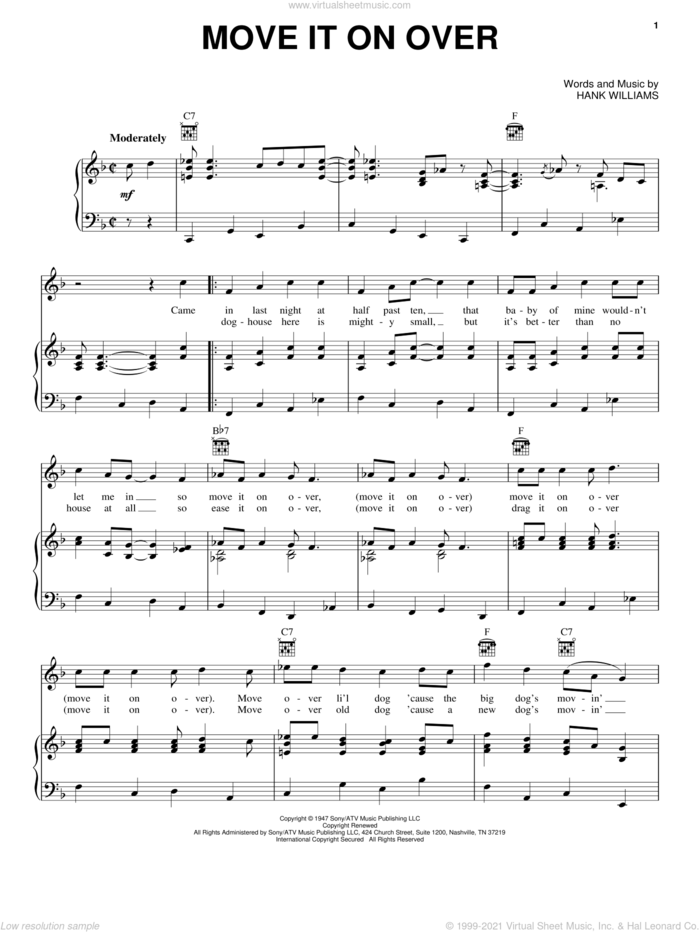 Move It On Over sheet music for voice, piano or guitar by Hank Williams, Buddy Alan and Travis Tritt with George Thorogood, intermediate skill level