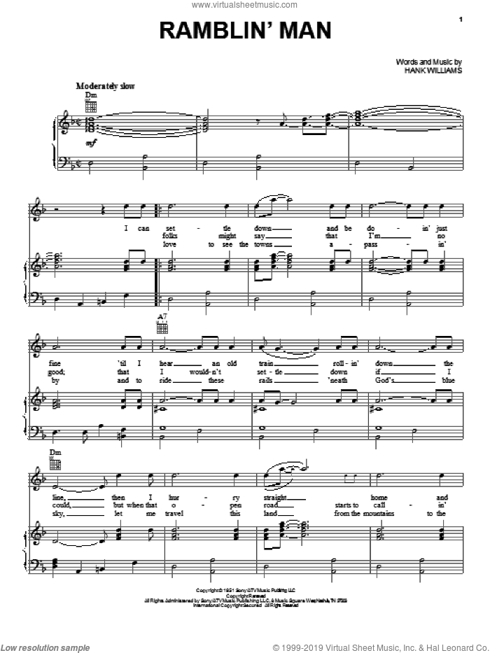 Hank Williams Ramblin' Man sheet music for voice, piano or guitar