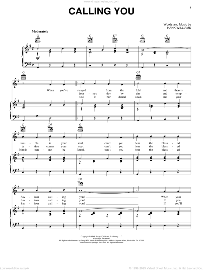 Calling You sheet music for voice, piano or guitar by Hank Williams, intermediate skill level