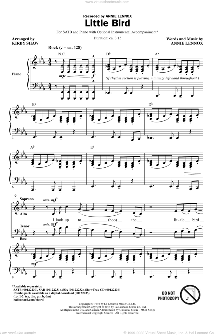 Little Bird sheet music for choir (SATB: soprano, alto, tenor, bass) by Kirby Shaw and Annie Lennox, intermediate skill level