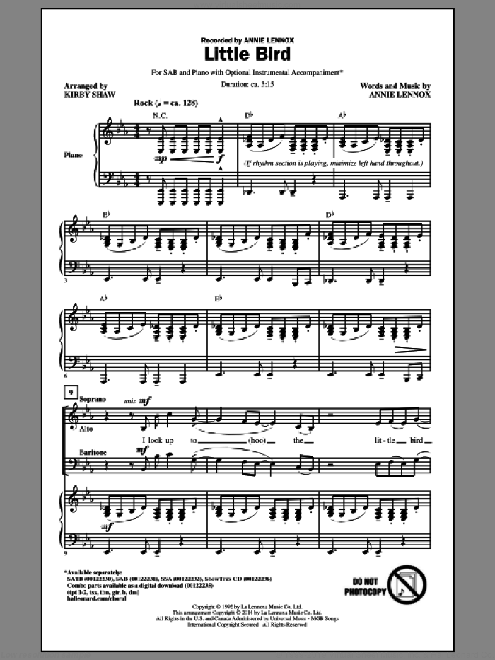 Little Bird sheet music for choir (SAB: soprano, alto, bass) by Kirby Shaw and Annie Lennox, intermediate skill level