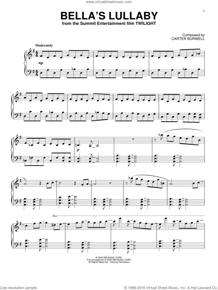 Bella's Lullaby sheet music for piano solo by Carter Burwell, intermediate skill level