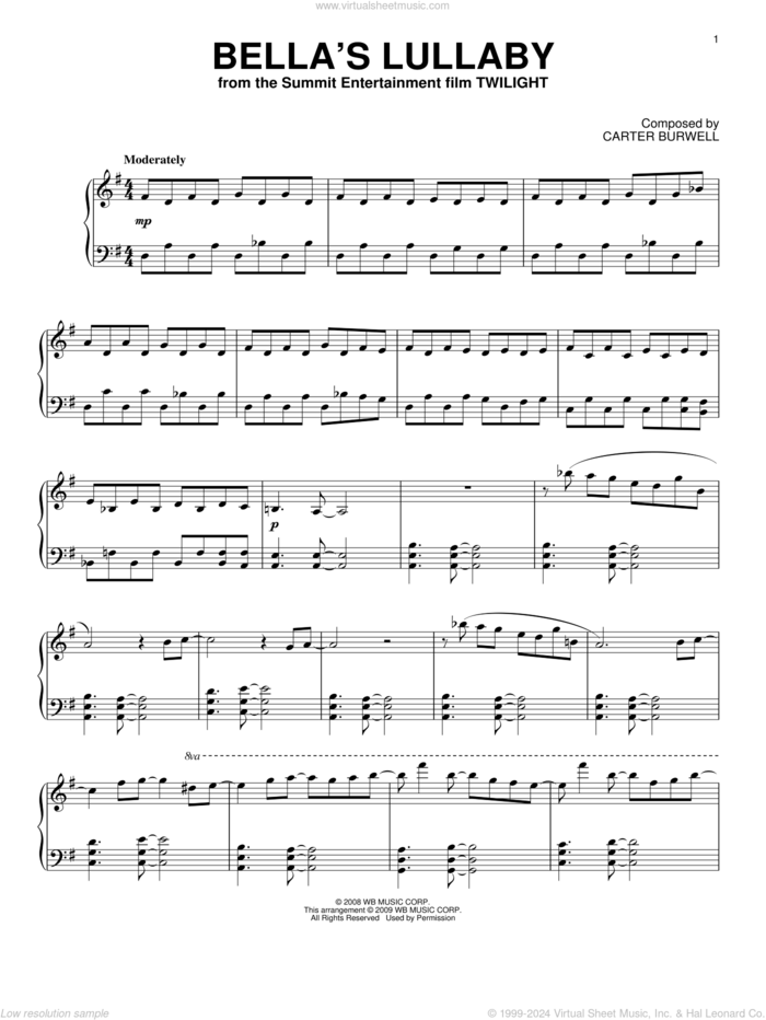 Bella's Lullaby sheet music for piano solo by Carter Burwell, intermediate skill level