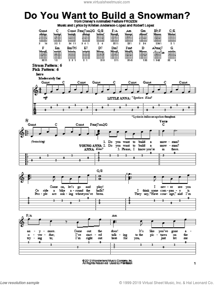 Do You Want To Build A Snowman? (from Frozen) sheet music for guitar solo (easy tablature) by Robert Lopez, Kristen Anderson-Lopez and Kristen Bell, Agatha Lee Monn & Katie Lopez, easy guitar (easy tablature)