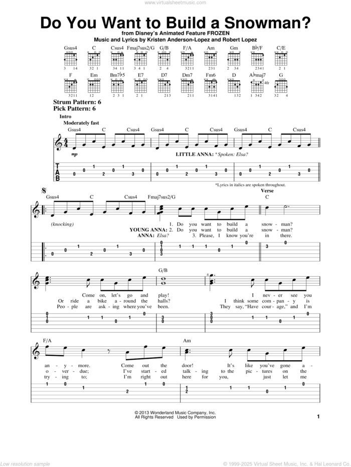 Do You Want To Build A Snowman? (from Frozen) sheet music for guitar solo (easy tablature) by Robert Lopez, Kristen Anderson-Lopez and Kristen Bell, Agatha Lee Monn & Katie Lopez, easy guitar (easy tablature)