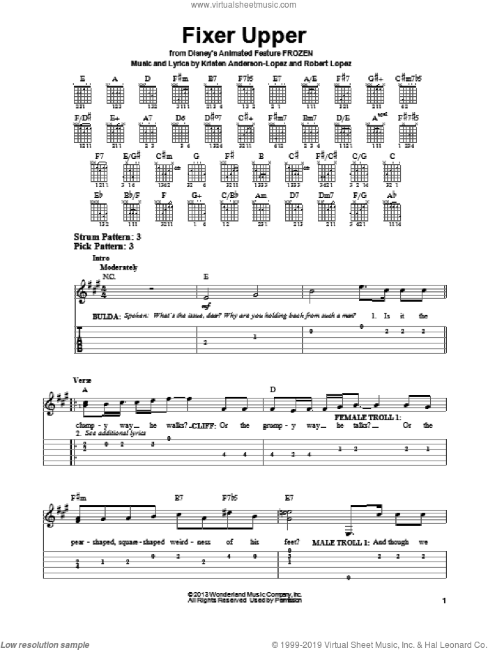 Fixer Upper (from Disney's Frozen) sheet music for guitar solo (easy tablature) by Maia Wilson and Cast, Robert Lopez and Kristen Anderson-Lopez, easy guitar (easy tablature)