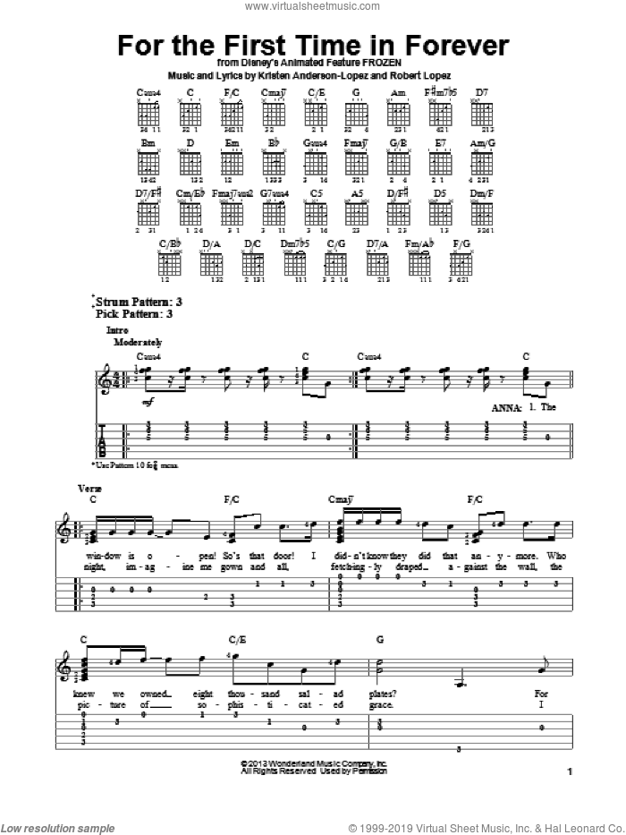 For The First Time In Forever (from Frozen) sheet music for guitar solo (easy tablature) by Robert Lopez, Kristen Anderson-Lopez and Kristen Bell, Idina Menzel, easy guitar (easy tablature)