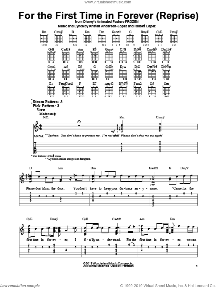 For The First Time In Forever (Reprise) (from Disney's Frozen) sheet music for guitar solo (easy tablature) by Robert Lopez, Kristen Bell, Idina Menzel and Kristen Anderson-Lopez, easy guitar (easy tablature)