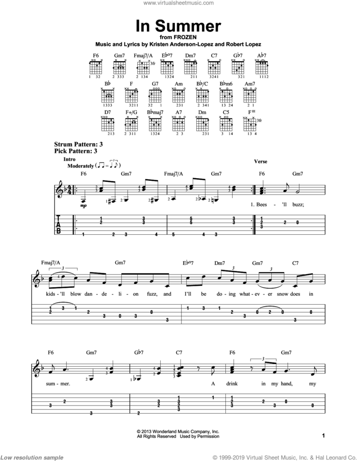 In Summer (from Frozen) sheet music for guitar solo (easy tablature) by Josh Gad, Kristen Anderson-Lopez and Robert Lopez, easy guitar (easy tablature)