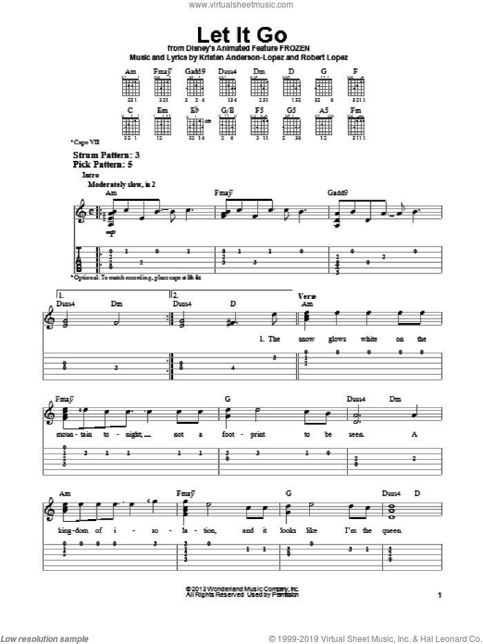 Let It Go (from Frozen), (easy) sheet music for guitar solo (easy tablature) by Idina Menzel, Kristen Anderson-Lopez and Robert Lopez, easy guitar (easy tablature)