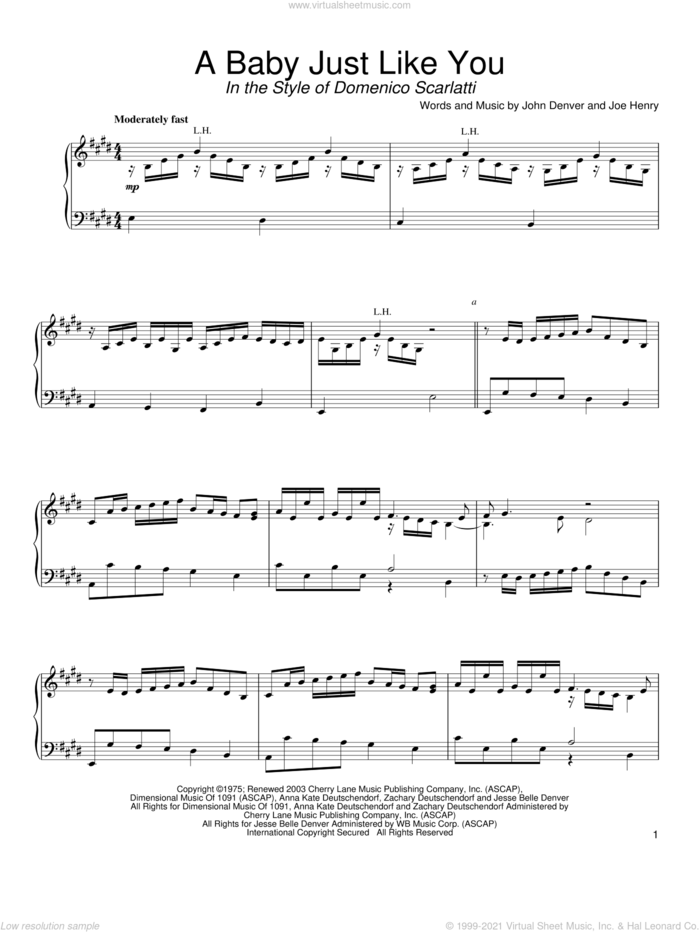A Baby Just Like You (in the style of Scarlatti) (arr. David Pearl) sheet music for piano solo by John Denver, David Pearl and Joe Henry, intermediate skill level