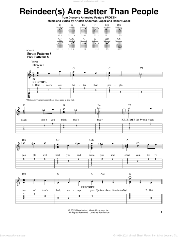 Reindeer(s) Are Better Than People (from Disney's Frozen) sheet music for guitar solo (easy tablature) by Jonathan Groff, Kristen Anderson-Lopez and Robert Lopez, easy guitar (easy tablature)