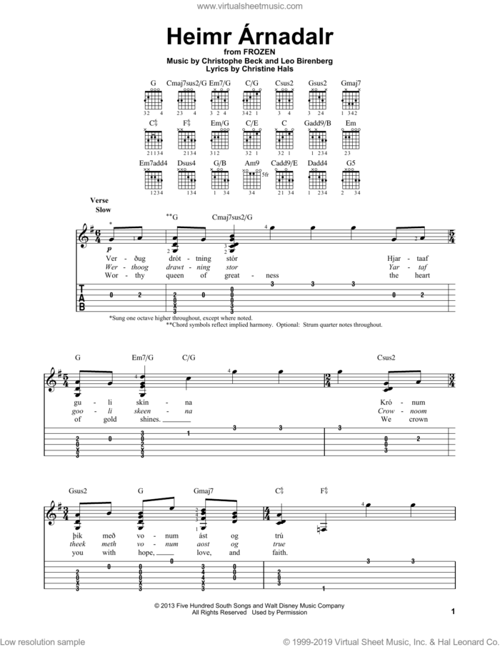 Heimr Arnadalr (from Disney's Frozen) sheet music for guitar solo (easy tablature) by Robert Lopez, Christophe Beck, Kristen Anderson-Lopez, Christine Hals and Leo Birenberg, easy guitar (easy tablature)