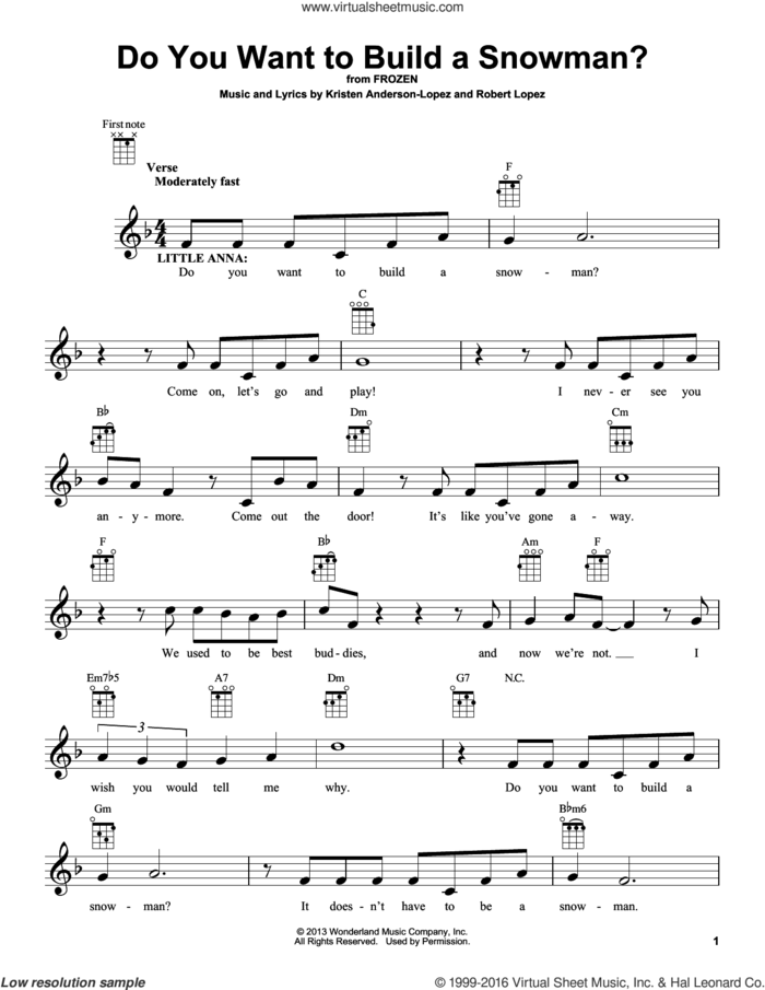Do You Want To Build A Snowman? (from Frozen) sheet music for ukulele by Robert Lopez, Kristen Anderson-Lopez and Kristen Bell, Agatha Lee Monn & Katie Lopez, intermediate skill level