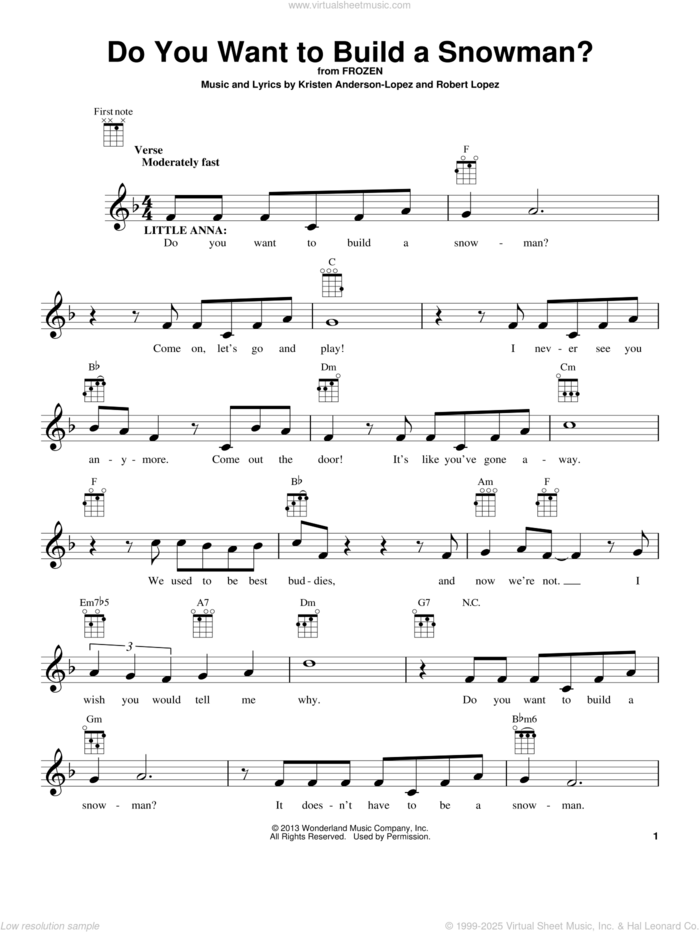 Do You Want To Build A Snowman? (from Frozen) sheet music for ukulele by Robert Lopez, Kristen Anderson-Lopez and Kristen Bell, Agatha Lee Monn & Katie Lopez, intermediate skill level