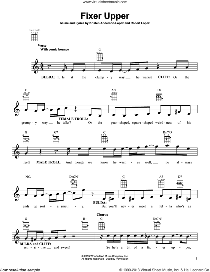 Fixer Upper (from Disney's Frozen) sheet music for ukulele by Maia Wilson and Cast, Kristen Anderson-Lopez and Robert Lopez, intermediate skill level