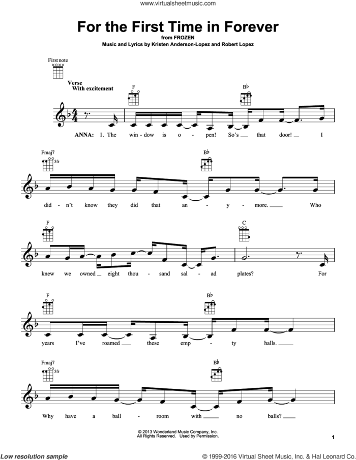 For The First Time In Forever (from Frozen) sheet music for ukulele by Robert Lopez, Kristen Anderson-Lopez and Kristen Bell, Idina Menzel, intermediate skill level